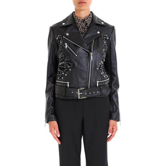 Like New MICHAEL Michael Kors Studdded Belt Biker Jacket 100% Real Lamb Leather - Picture 1 of 14